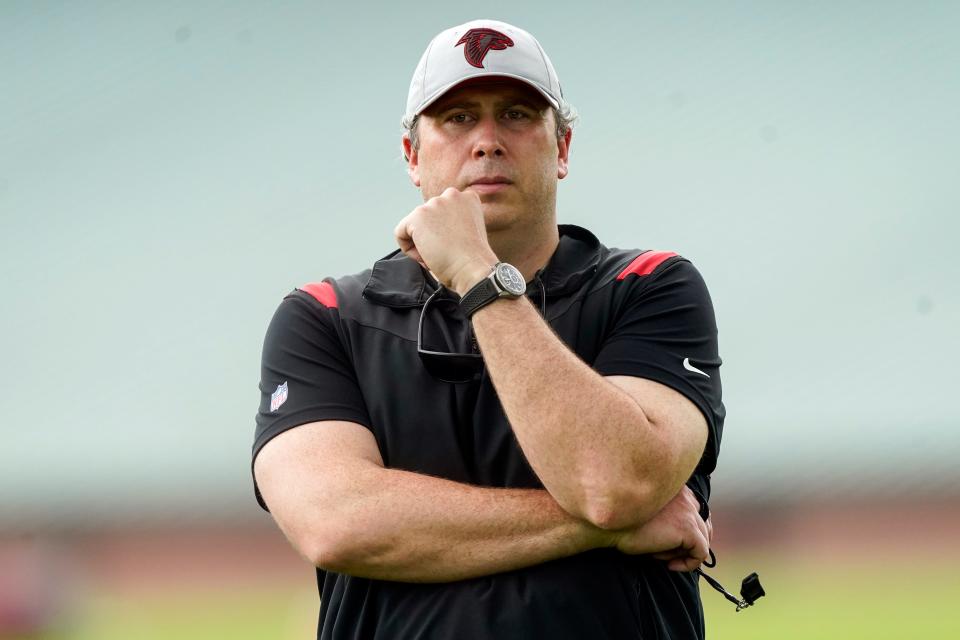 Atlanta Falcons head coach Arthur Smith looks on during their NFL minicamp football practice Tuesday, June 14, 2022, in Flowery Branch, Ga. (AP Photo/John Bazemore)