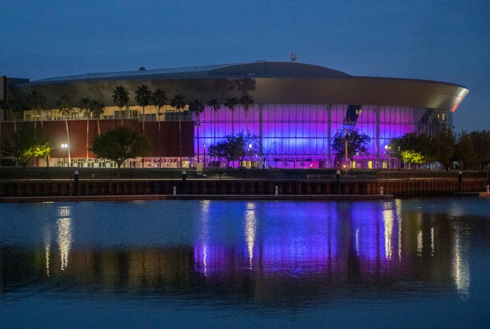 The Stockton Arena glows purple during a non-game day on Monday, Mar. 27, 2023 in honor of the Kings securing a berth in the NBA G League playoffs.