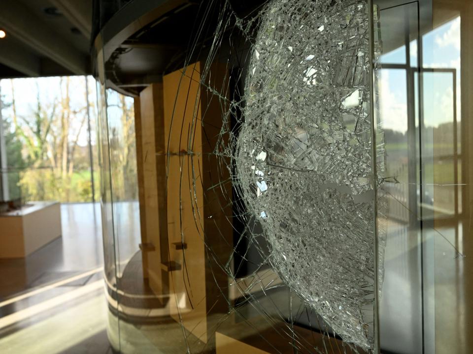 Picture taken on November 23, 2022 shows a broken window at the Celtic and Roman museum in Manching, southern Germany, from where a hoard of Celtic coins was stolen.