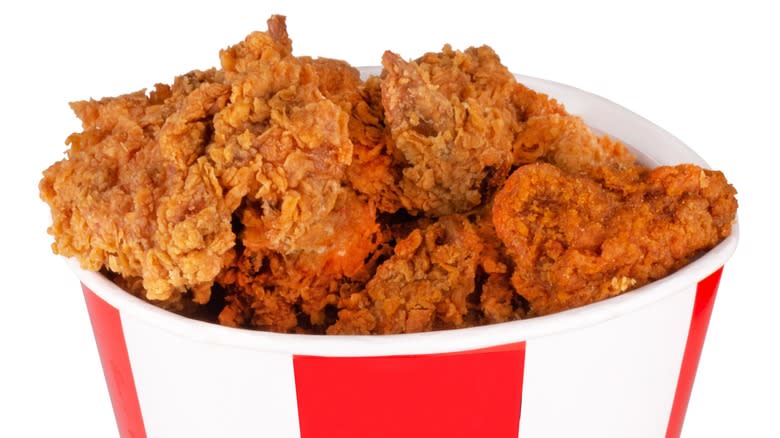 bucket full of spicy chicken