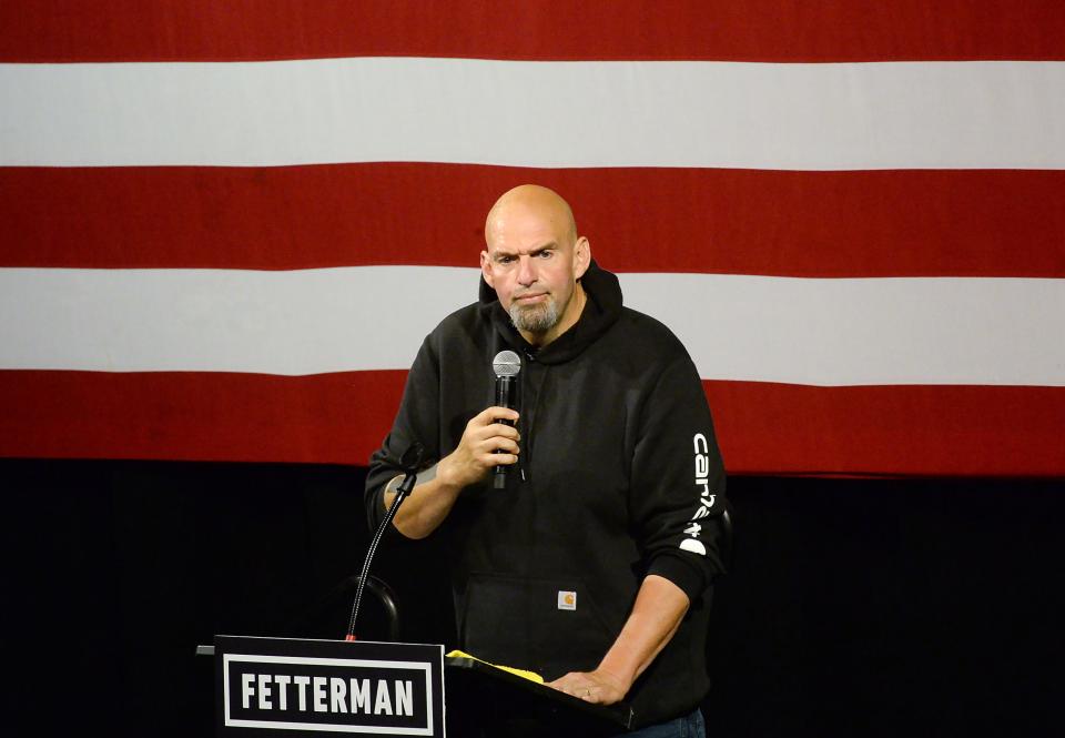 Pennsylvania Lt. Gov. and Democratic Senate nominee John Fetterman speaks to supporters inside the Bayfront Convention Center in Erie on Aug. 12, 2022. It was Fetterman's first campaign event since suffering a stroke on May 13.