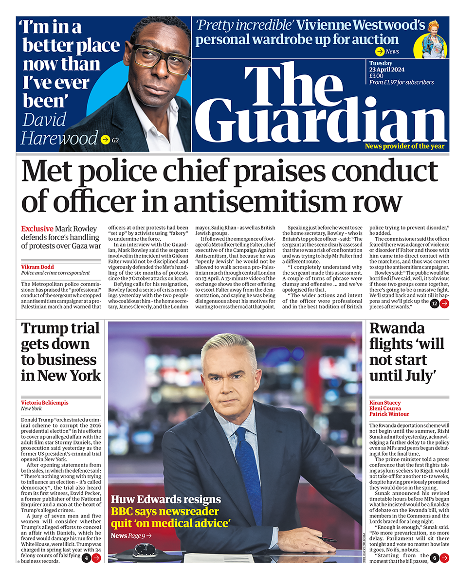 The headline in the Guardian reads: "Met police chief praises conduct of officer in antisemitism row".