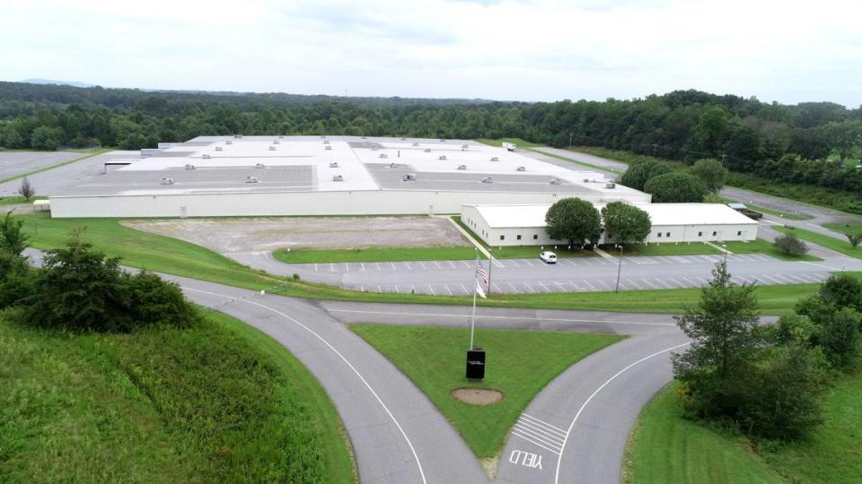 An aerial view of Mitchell Gold + Bob Williams furniture facility in Taylorsville, N.C., on Aug. 30 after hundreds of employees lost their jobs when the company closed abruptly over the Aug. 26, 2023, weekend.