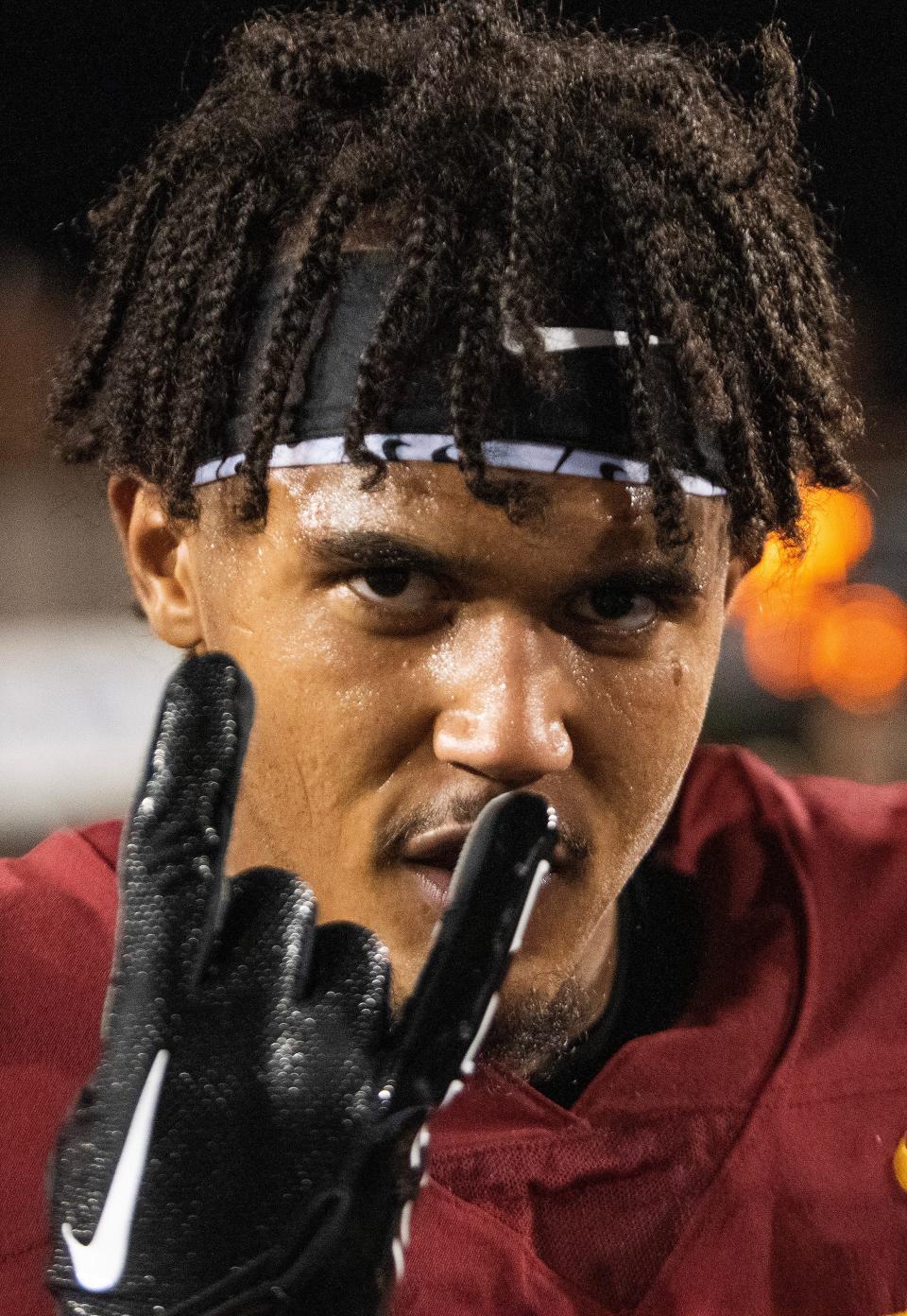 Then-Tuskegee wide receiver Antonio Meeks (15) celebrats after defeating the Fort Valley State Wildcats in the Red Tails Classic at Cramton Bowl in Montgomery, Ala., on Sunday September 3, 2023.