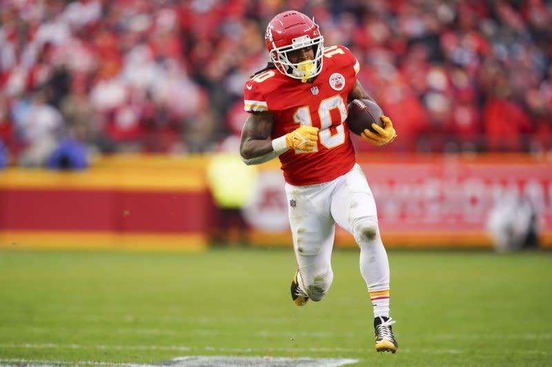 Kansas City Chiefs running back Isiah Pacheco faces a tough Week 11 matchup against the Philadelphia Eagles. File Photo by Kyle Rivas/UPI