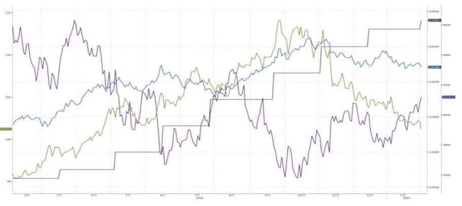 資料來源：BLOOMBERG。紫色為標普500指數、綠色為美元指數，資料日期:2023/2/2。