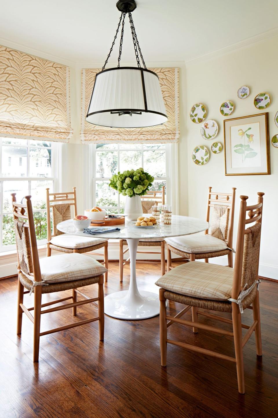 Amy Berry Designed Dallas House Breakfast Nook with Tulip Table and Wooden Chairs