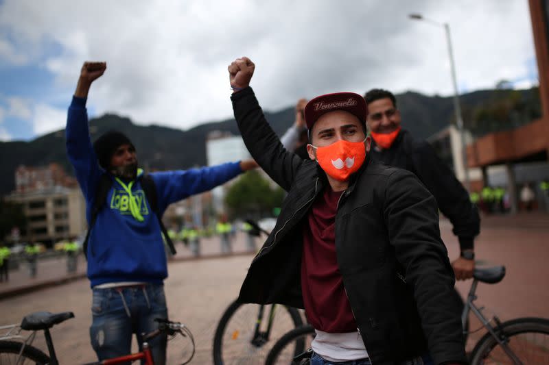 Delivery workers for Rappi and other delivery apps protest as part of a strike to demand better wages and working conditions, amid the coronavirus disease (COVID-19) outbreak, in Bogota