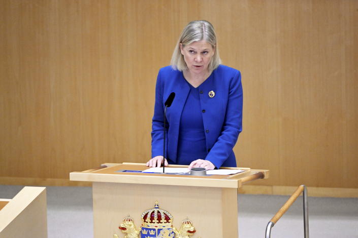 Prime Minister Magdalena Andersson talks during the parliamentary debate on the Swedish application for NATO membership, in Stockholm, Monday, May 16, 2022. Finland and Sweden have signaled their intention to join NATO over Russia’s war in Ukraine and things will move fast once they formally apply for membership in the world’s biggest security alliance. Russian President Vladimir Putin has already made clear that there would be consequences if the two Nordic countries join. (Henrik Montgomery/TT News Agency via AP)