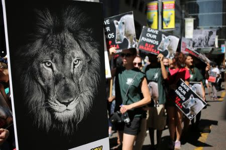 Animal rights activists demonstrate outside the Sandton convention center, a venue hosting the 17th meeting of the U.N.'s Convention on International Trade in Endangered Species (CITES) in Johannesburg, South Africa, September 24, 2016. REUTERS/Siphiwe Sibeko