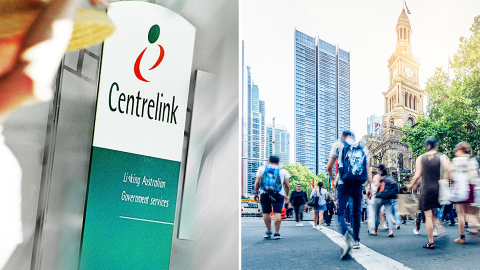 Pictured: Centrelink logo, busy Australian street. Images: Getty