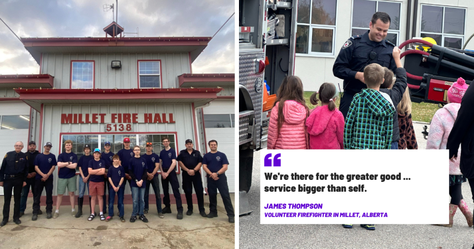 Left: Millet's junior firefighting program. Right: Volunteer firefighter James Thompson. 