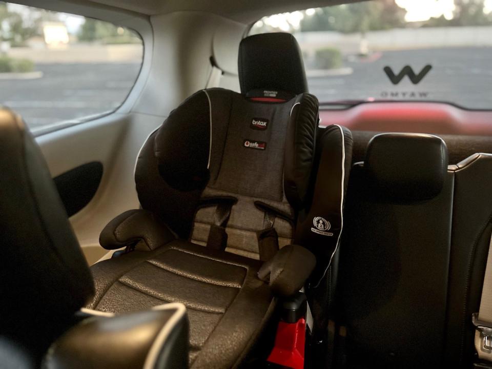 The child seat in the last row of the Waymo car.