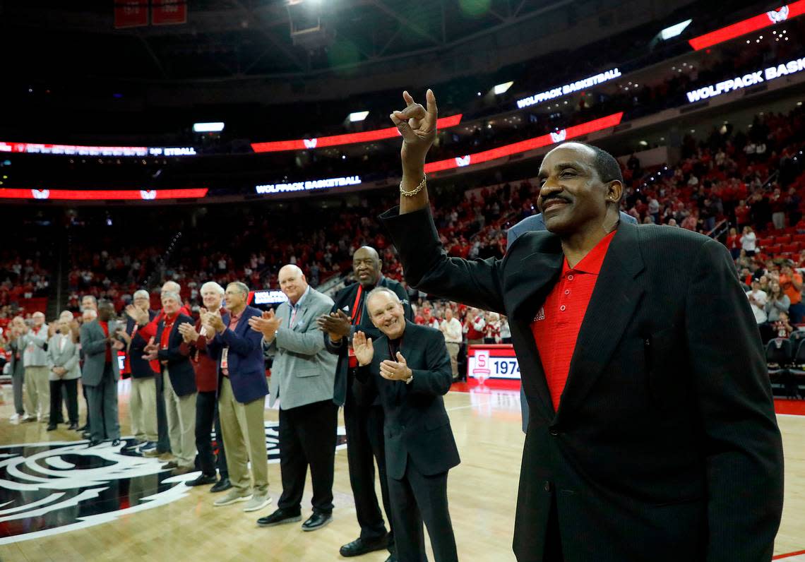 Members of the N.C. State men’s basketball 1974 national championship team, including David Thompson, are honored during a halftime ceremony on Saturday, Feb. 24, 2024, at PNC Arena in Raleigh, N.C. Kaitlin McKeown/kmckeown@newsobserver.com