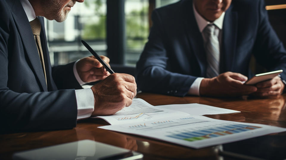 A business executive reviewing insurance policy documents with a customer.