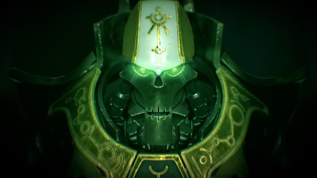  A necron with glowing green eyes awakens. 