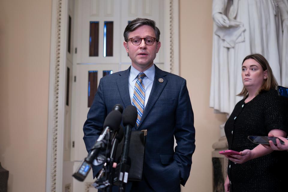 On his first full day on the job, Speaker of the House Mike Johnson, R-La., makes a statement to reporters about the mass shooting in Maine, at the Capitol in Washington, Thursday, Oct. 26, 2023.