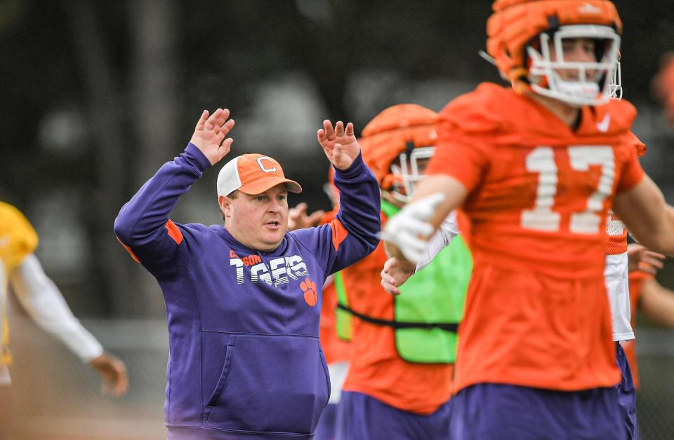 Clemson defensive coordinator Wes Goodwin during Clemson football team practice before the TaxSlayer Gator Bowl at Fernandina Beach High School in Jacksonville, Florida, Wednesday, December 27, 2023.