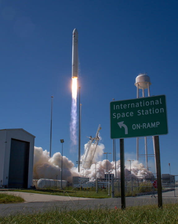 The Orbital Sciences Corporation Antares rocket, with the Cygnus cargo spacecraft aboard, is seen as it launches from Pad-0A of the Mid-Atlantic Regional Spaceport (MARS), Wednesday, Sept. 18, 2013, NASA Wallops Flight Facility, Virginia. A hum