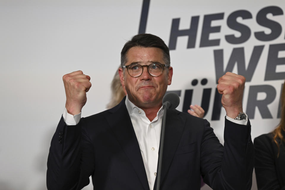 Boris Rhein, top candidate of the CDU and Minister President of Hesse, reacts at the CDU election party after the publication of the first forecast for the state election in Hesse, in Wiesbaden, Germany, Sunday, Oct. 8, 2023. (Arne Dedert/dpa via AP)