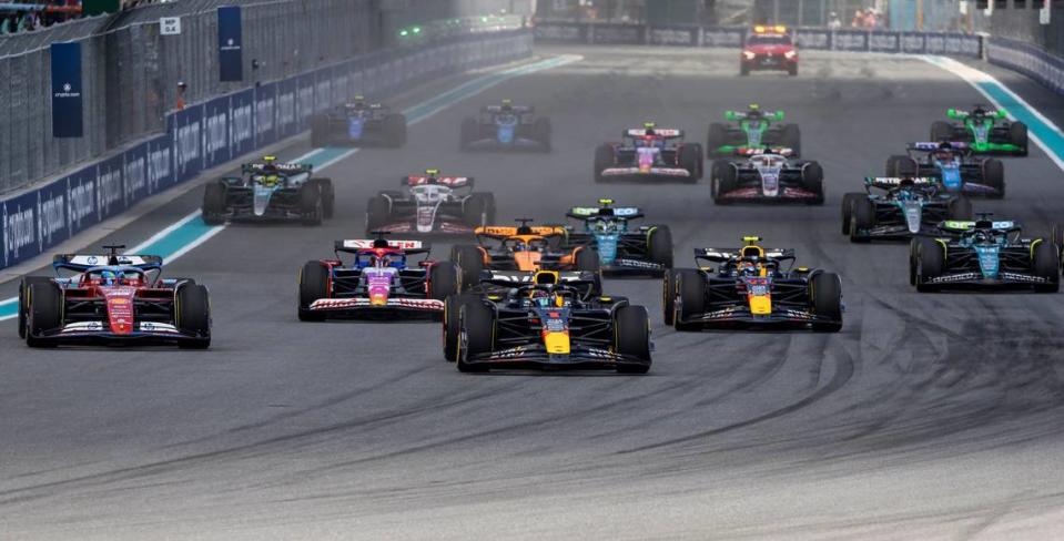 Drivers take off during the start of a Sprint race on the second day of the Formula 1 Crypto.com Miami Grand Prix weekend at the Miami International Autodrome on Saturday, May 4, 2024, in Miami Gardens, Fla.