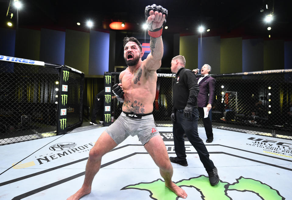 LAS VEGAS, NEVADA - JUNE 27: Mike Perry celebrates after his victory over Mickey Gall in their welterweight fight during the UFC Fight Night event at UFC APEX on June 27, 2020 in Las Vegas, Nevada. (Photo by Chris Unger/Zuffa LLC)