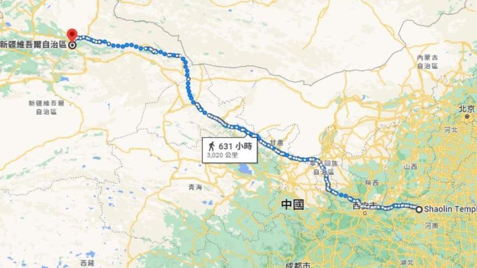 網友分析，若從少林寺步行到新疆，至少得花27天。（圖／翻攝自Google Map）