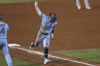 Toronto Blue Jays' Bo Bichette celebrates his home run off Miami Marlins pitcher Brad Boxberger during the eighth inning of a baseball game, Wednesday, Aug. 12, 2020, in Buffalo, N.Y. (AP Photo/Jeffrey T. Barnes)