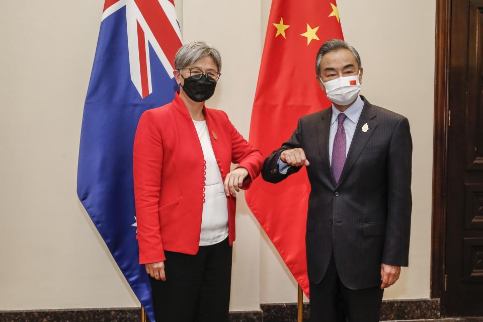 Australian Foreign Minister Penny Wong in a recent meeting with Chinese Foreign Minister Wang in Indonesia. Source: AAP