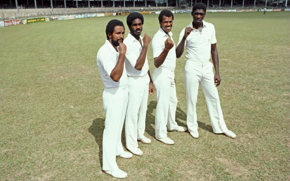 West Indies pace quartet pictured (L to R) Andy Roberts, Michael Holding, Colin Croft and Joel Garner of the West Indies during the First Test match against England on February 12, 1981 at Queen's Park Oval in Port-of-Spain, Trinidad