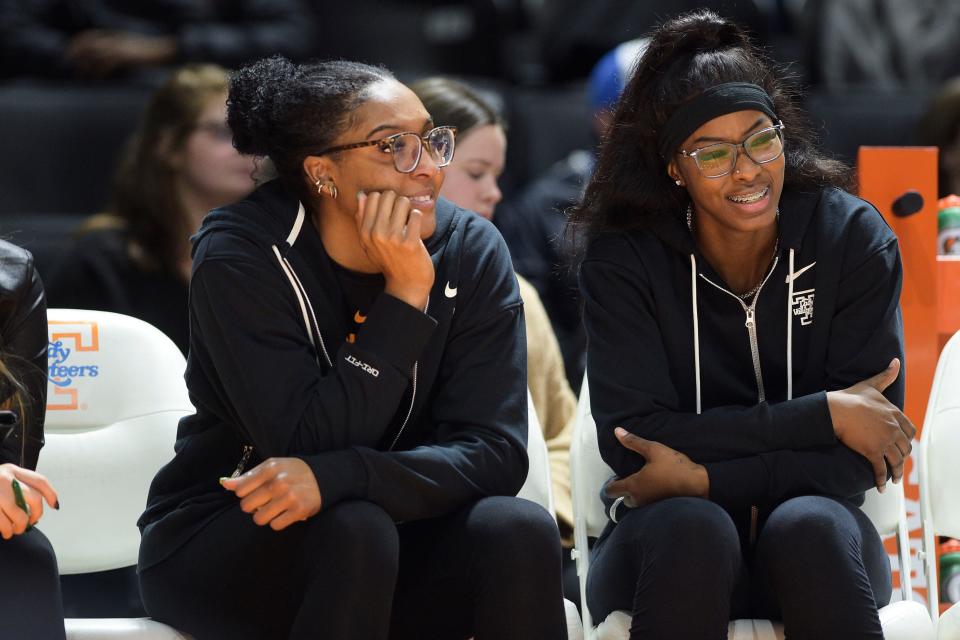 Tennessee forward Jasmine Franklin (14) and Tennessee forward Rickea Jackson (2) sit on the sideline together during a game between Tennessee and Chattanooga at Thompson-Boling Arena in Knoxville, Tenn., on Tuesday, Dec. 6, 2022.