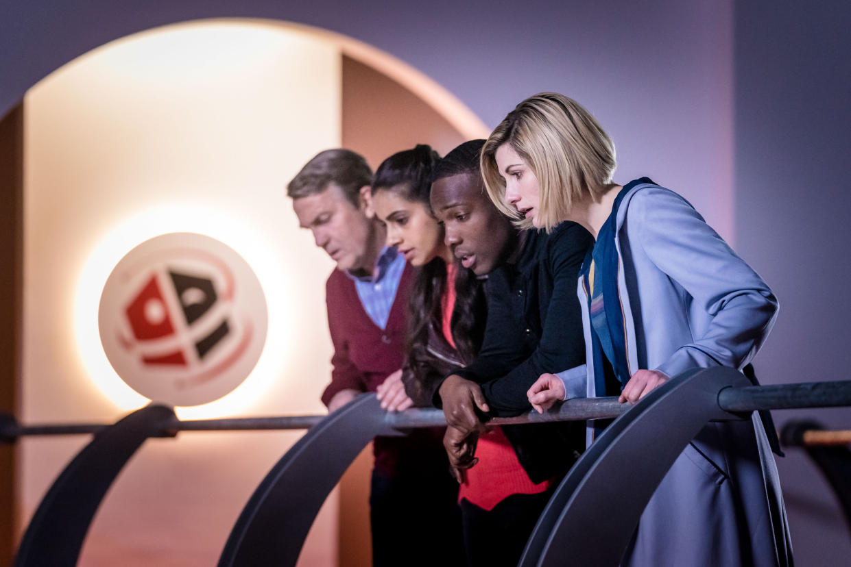 Bradley Walsh, Mandip Gill, Tosin Cole and Jodie Whittaker in Doctor Who: Kerblam! (BBC)