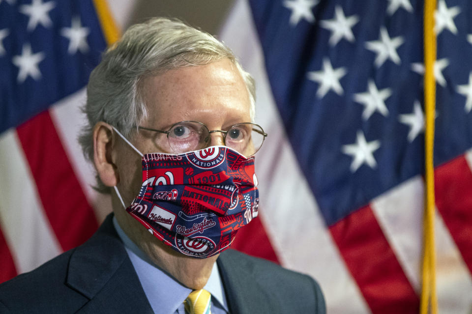 Senate Majority Leader Mitch McConnell, R-Ky., listens to questions during a news conference following a GOP policy meeting on Capitol Hill, Tuesday, June 30, 2020, in Washington. (AP Photo/Manuel Balce Ceneta)