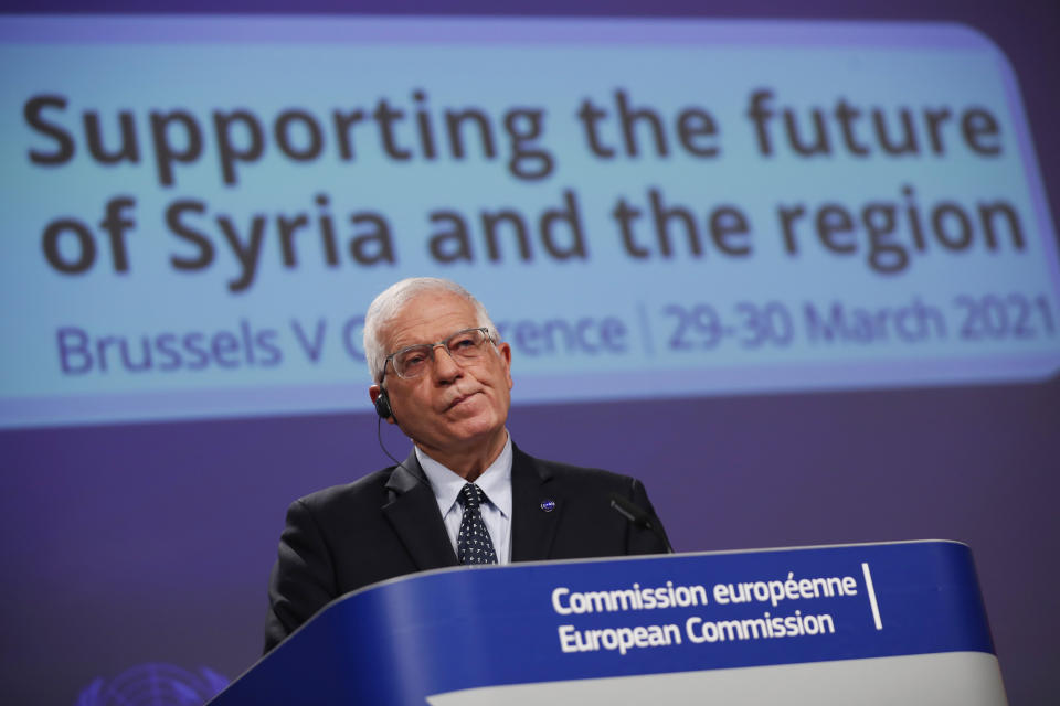 European Union foreign policy chief Josep Borrell listens to a question during an online joint news conference with UN Under-Secretary General for Humanitarian Affairs and Emergency Relief Coordinator Mark Lowcock at the conclusion of a conference 'Supporting the future of Syria and the region' at the European Commission headquarters in Brussels, Tuesday, March 30, 2021. (AP Photo/Francisco Seco, Pool)