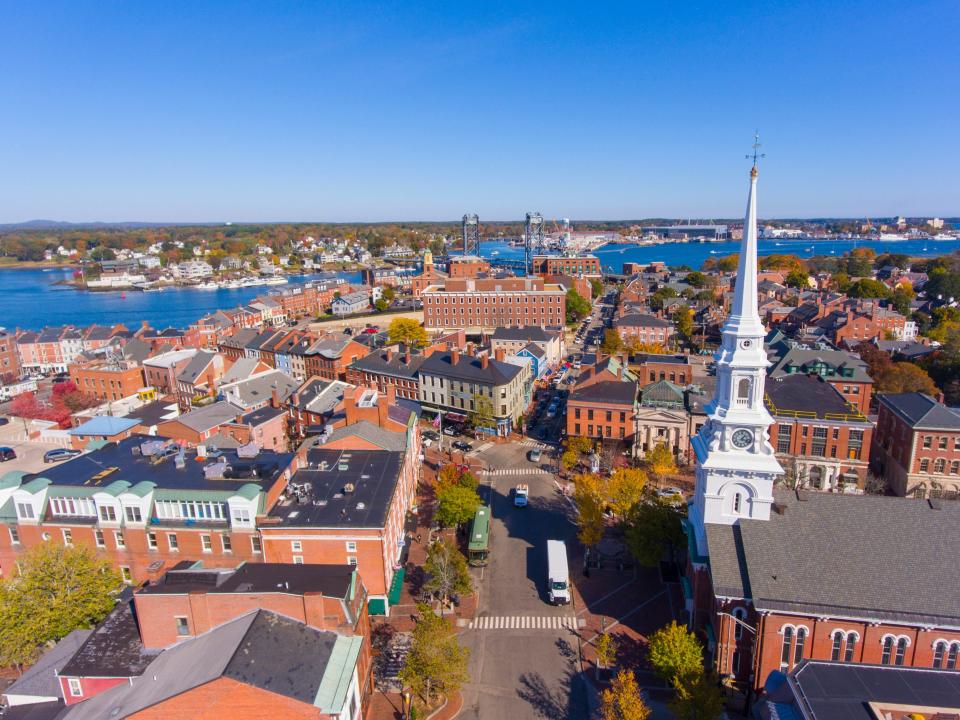 Historic downtown aerial view at Market Square with historic buildings and North Church on Congress Street in city of Portsmouth, New Hampshire