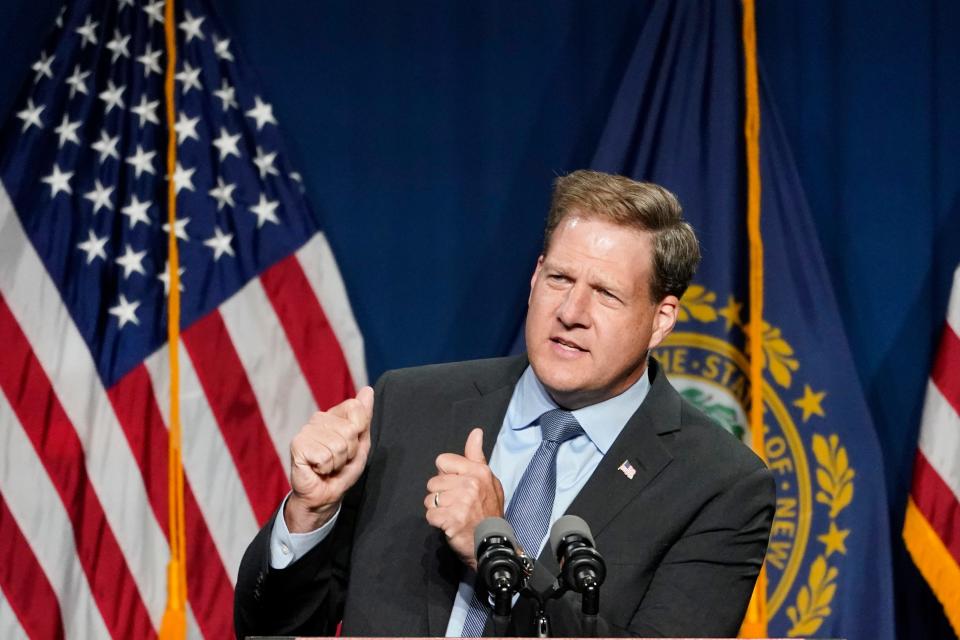 Gov. Chris Sununu speaks at the annual Hillsborough County NH GOP Lincoln-Reagan Dinner on June 3, 2021, in Manchester, N.H.