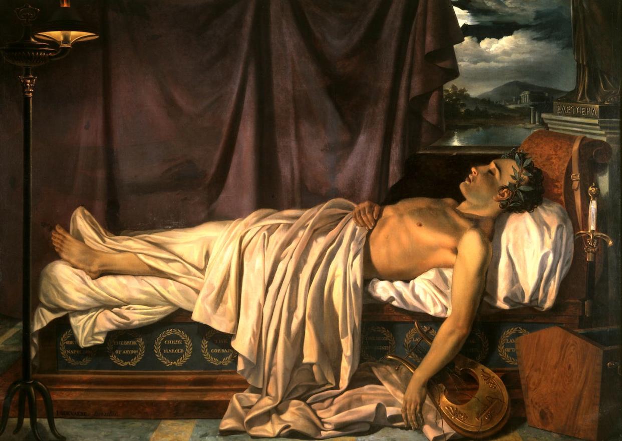 Lord Byron on his death bed, by Joseph Denis Odevaere. <a href="https://es.wikipedia.org/wiki/Lord_Byron#/media/Archivo:Lord_Byron_on_his_Death-bed_c._1826.jpg" rel="nofollow noopener" target="_blank" data-ylk="slk:Groeningemuseum / Wikimedia Commons;elm:context_link;itc:0;sec:content-canvas" class="link ">Groeningemuseum / Wikimedia Commons</a>