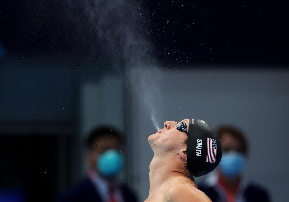 <p>Kieran Smith of the United States reacts after competing in the Men's 200m freestyle semifinal on July 26.</p>