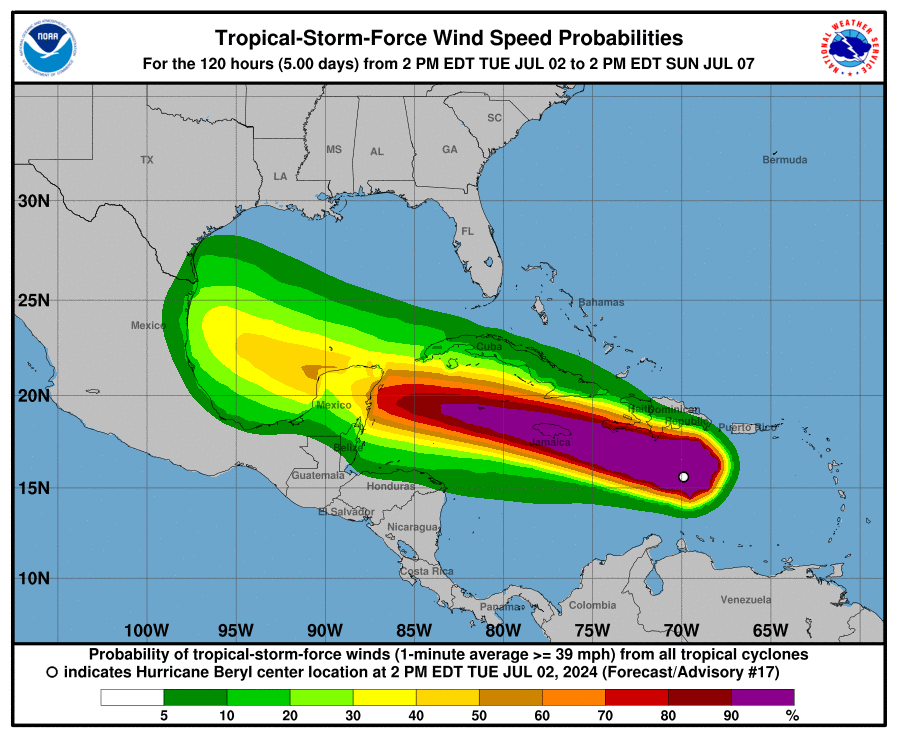 Hurricane Beryl wind speed probabilities. July 2, 2024.  / Credit: NOAA