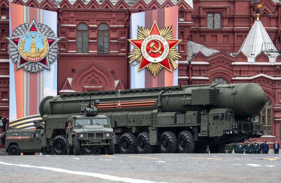 FILE - A Russian military Topol M intercontinental ballistic missile launcher rolls during the Victory Day military parade to celebrate 74 years since the victory in WWII in Red Square in Moscow, Russia, May 9, 2019. The defeat of Nazi Germany in World War II that Russia celebrates on May 9 is the country's most important holiday. This year it has special meaning amid the war in Ukraine, which the Kremlin calls a "special military operation" aimed to rid the country of alleged "neo-Nazis" — a false accusation derided by the West. (AP Photo/Alexander Zemlianichenko, File)