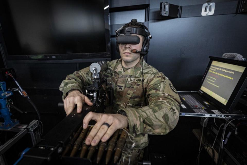 A U.S. Army Soldier with the New Jersey National Guard’s D Company, 1-114th Infantry Regiment (Air Assault) trains with a heavy weapons simulator at the Observer Coach/Trainer Operations Group Regional Battle Simulation Training Center on Joint Base McGuire-Dix-Lakehurst, N.J., Feb. 8, 2020.