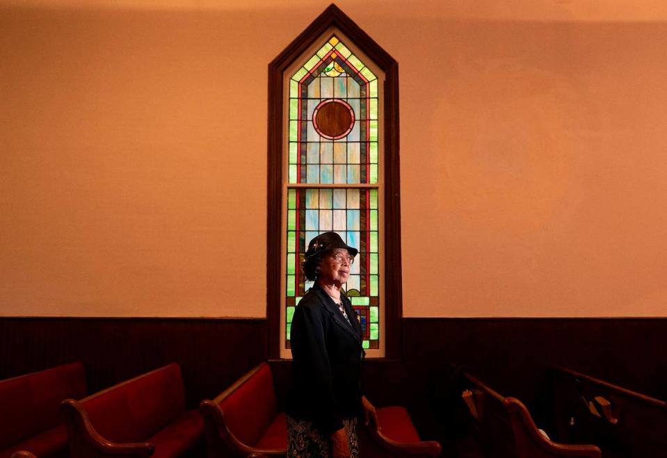 Myrtle Mayo, 92, is photographed at Dickerson Chapel AME Church on Sunday, April 21, 2024, in Hillsborough, N.C.