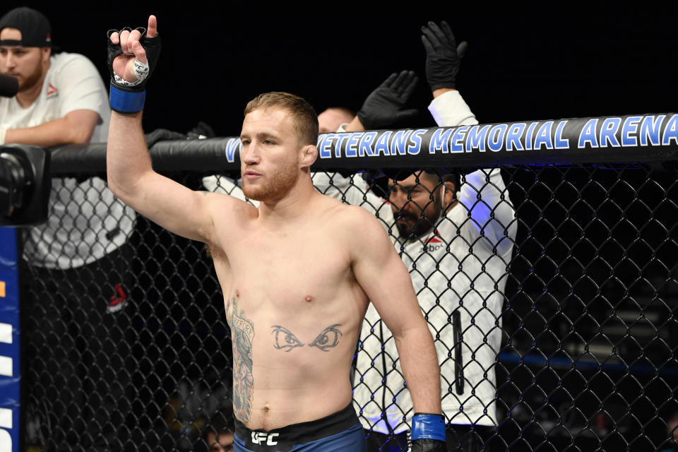 Justin Gaethje prepares to fight Tony Ferguson in their UFC interim lightweight championship fight during the UFC 249 event at VyStar Veterans Memorial Arena on May 09, 2020 in Jacksonville, Florida.