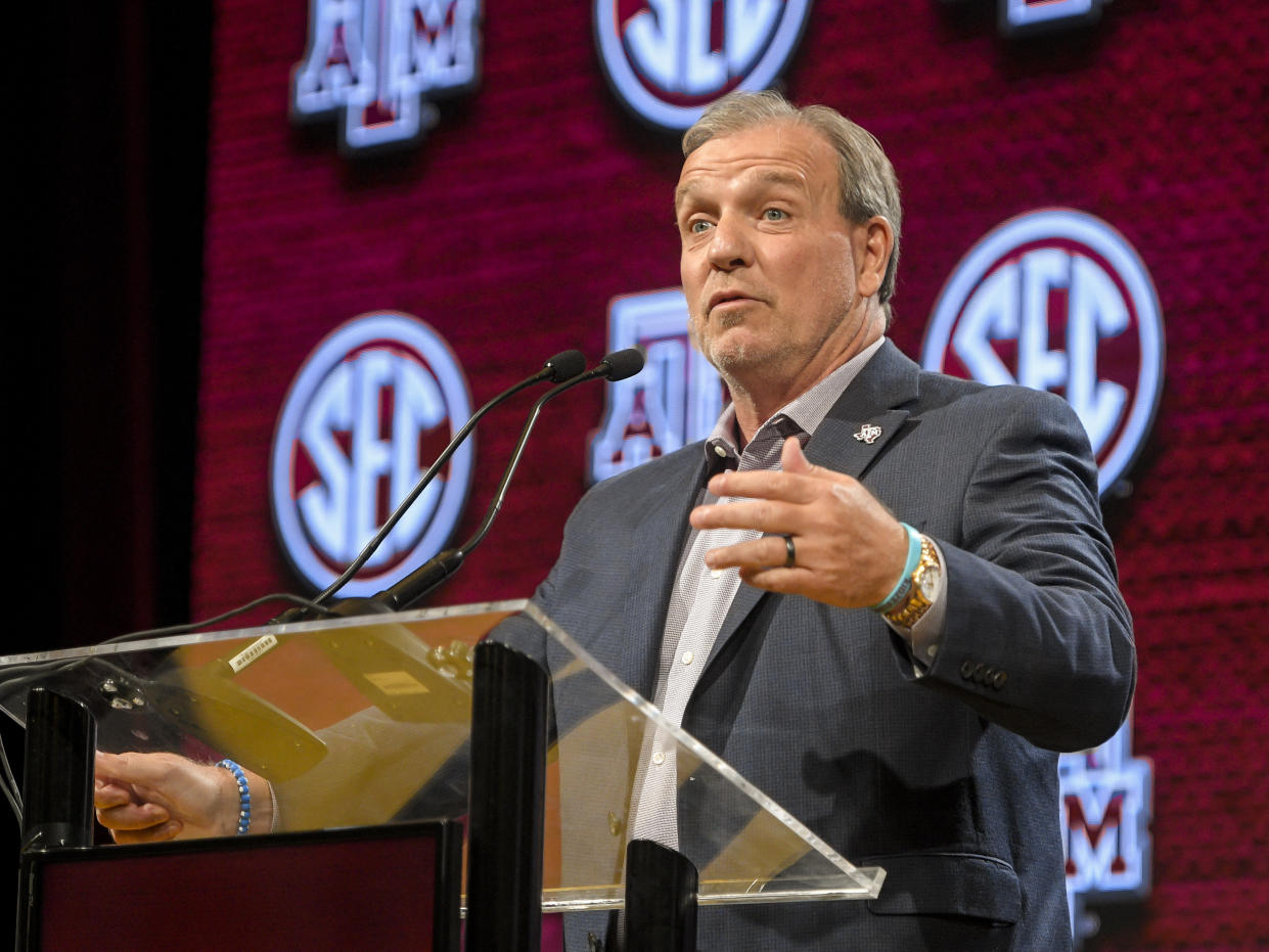 Texas A&M Aggies coach Jimbo Fisher speaks during SEC media days. (Steve Roberts-USA TODAY Sports)