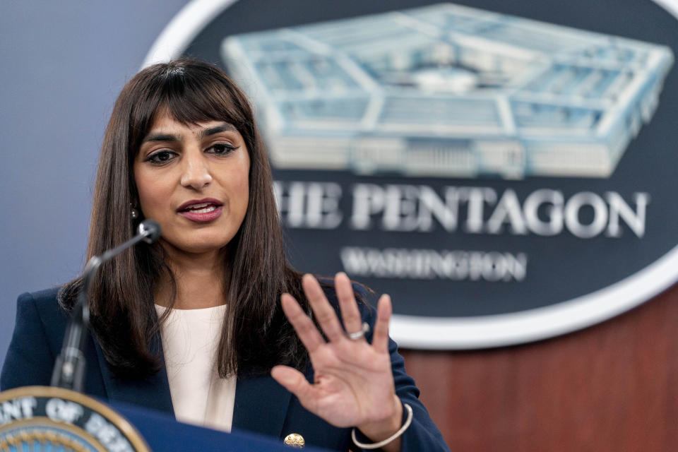 Deputy Pentagon Press Secretary Sabrina Singh speaks at a news conference at the Pentagon, Friday, Nov. 4, 2022, in Washington. (AP Photo/Andrew Harnik)