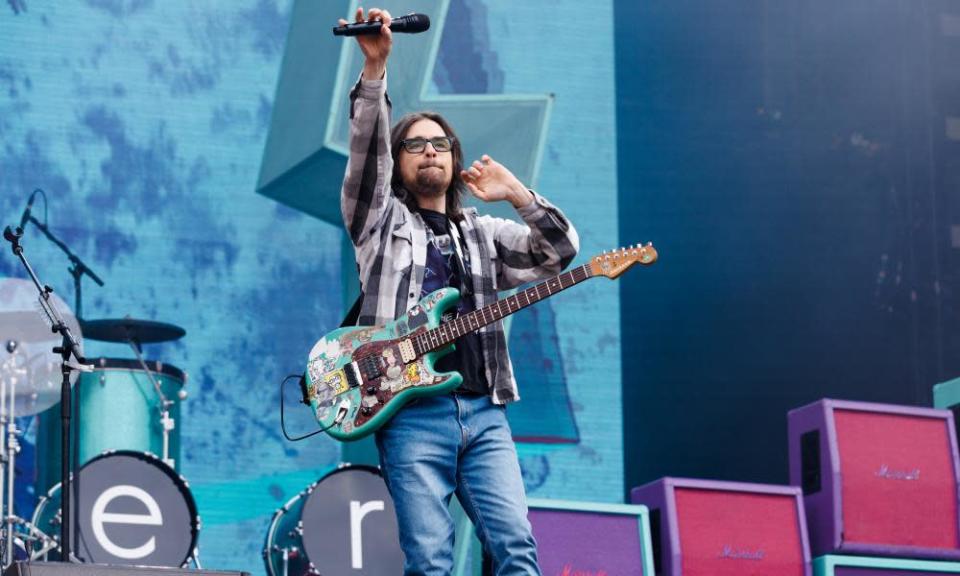 Rivers Cuomo of Weezer performs at London Stadium