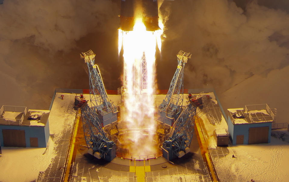 FILE - A Russian Soyuz 2.1b rocket carrying the Meteor M satellite and additional 18 small satellites, lifts off from the launch pad at the new Vostochny cosmodrome outside the city of Tsiolkovsky, about 200 kilometers (125 miles) from the city of Blagoveshchensk in the far eastern Amur region, Russia, Tuesday, Nov. 28, 2017. Russia's Vostochny space launch facility where President Vladimir Putin hosted North Korean leader Kim Jong Un has a troubled history tarnished by construction delays and widespread corruption. (AP Photo/Dmitri Lovetsky, File)