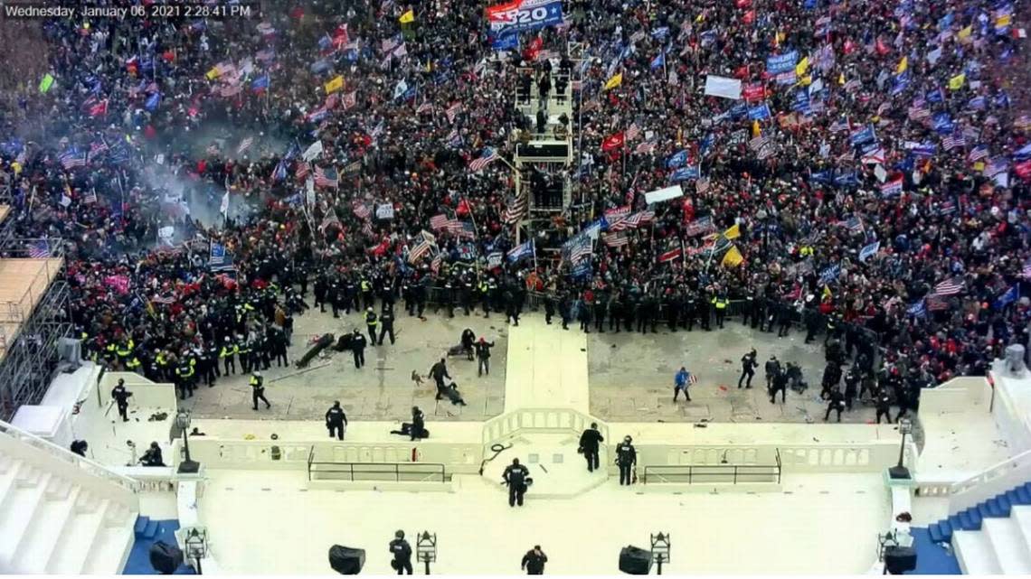 The rioters seized control of the West Plaza and the inauguration stage. There were now no manned defenses between the crowd and several entrances into the Capitol Building, allowing the stream of rioters that had started entering the building to build to a torrent.