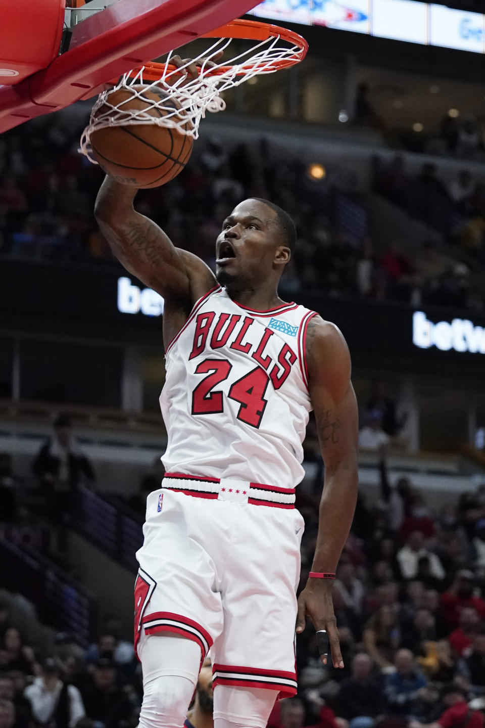 Chicago Bulls guard Javonte Green dunks against the New Orleans Pelicans during the first half of an NBA basketball game in Chicago, Friday, Oct. 22, 2021. (AP Photo/Nam Y. Huh)