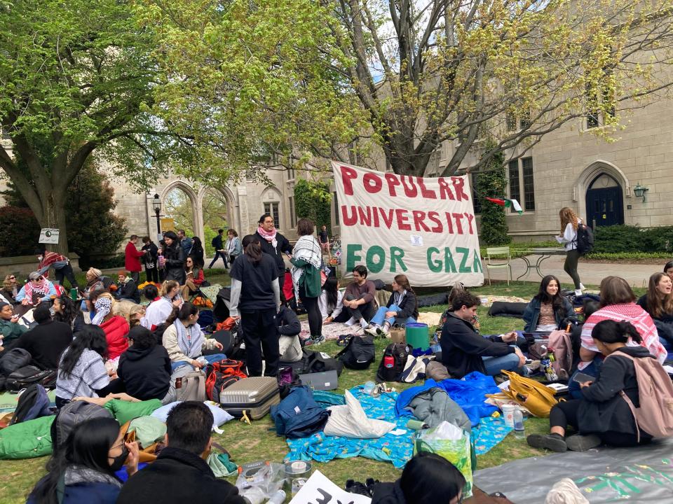 Students, some faculty and outsiders gathered on the lawns outside the Princeton chapel to protest Israel's military campaign in Gaza. Helicopters circled the lawn on April 25, 2024.